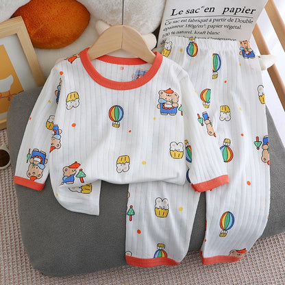 Kids Boys Girls Summer Cotton Thin Pajamas Cute Cartoon Print Long Sleeve T-shirt Tops+Pants Baby Clothing Sets
