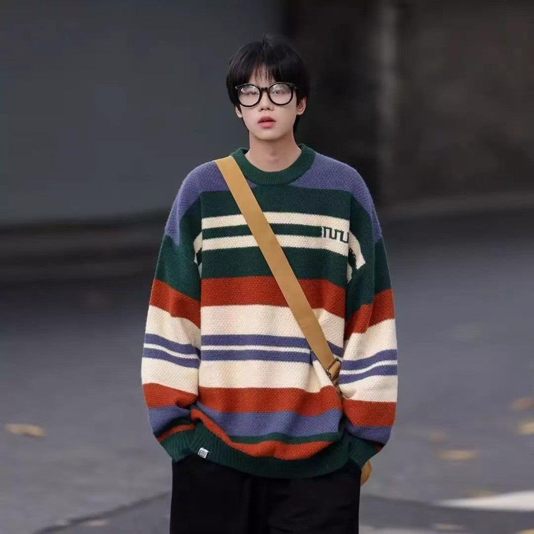 Simple Versatile Trendy Men's Crew Neck Sweater Contrasting Stripes Casual Loose Neutral Style Pullover