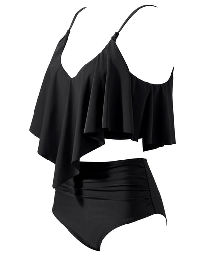 Women Tankini Ruffle High Waisted Swimsuits Tummy Control Bathing Suits Swimwear Beachwear Padded XXL Size Bikini Set Female