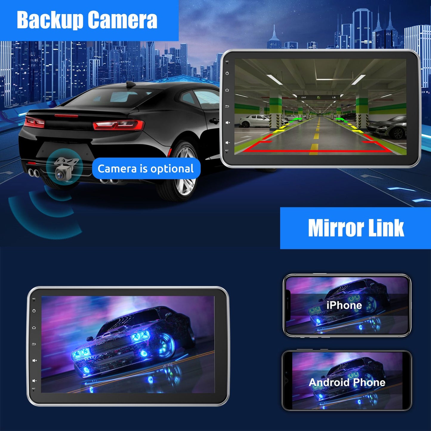ESSGOO Single 1 Din Android 14.0 Rotatable 10.1" Apple Carplay Car Stereo Radio Player GPS Navi WIFI Wireless Android Auto FM BT