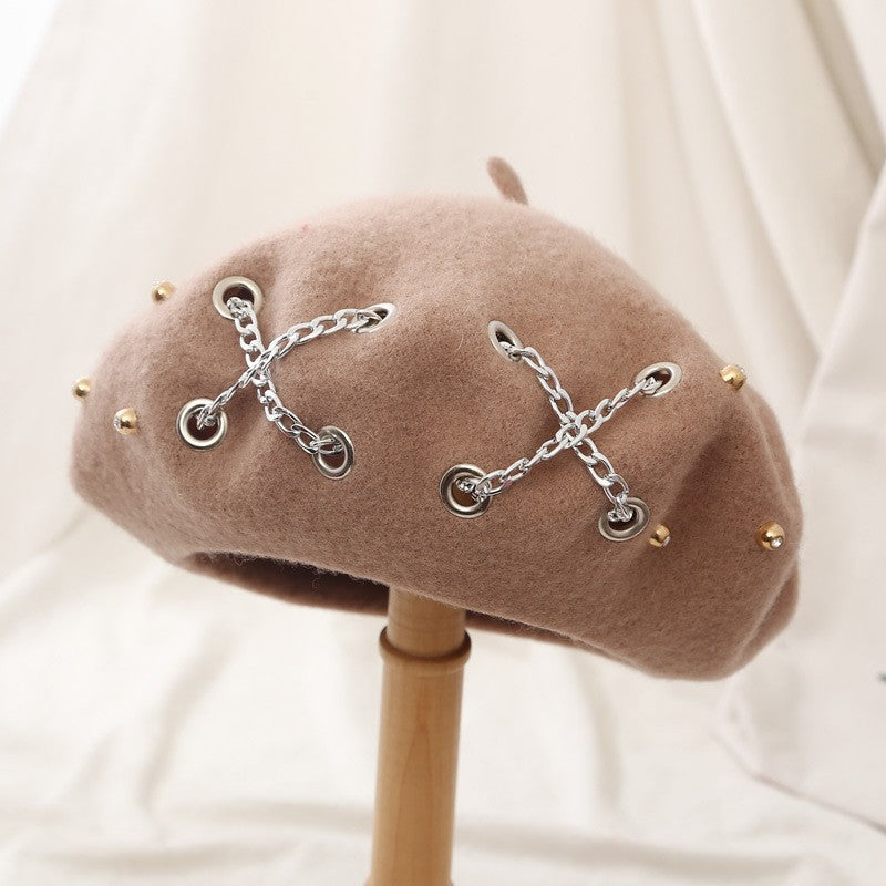 Fashion Winter Berets For Women girl Punk Rock Style Iron Rings Beret Caps Retro Wool Hats Black Woolen Painter Caps