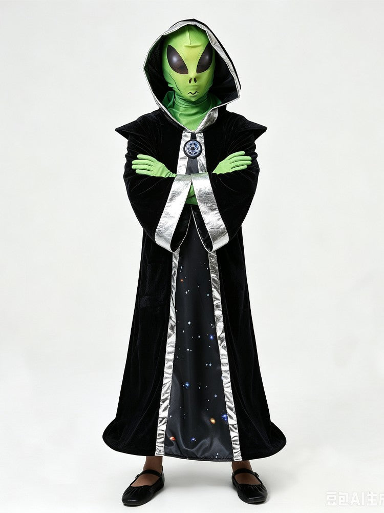 Adult Child Alien Wizard Cosplay Costume Starry Sky Hooded Cape Green Gloves Mesh Mask Perfect Halloween Parties Space Adventure