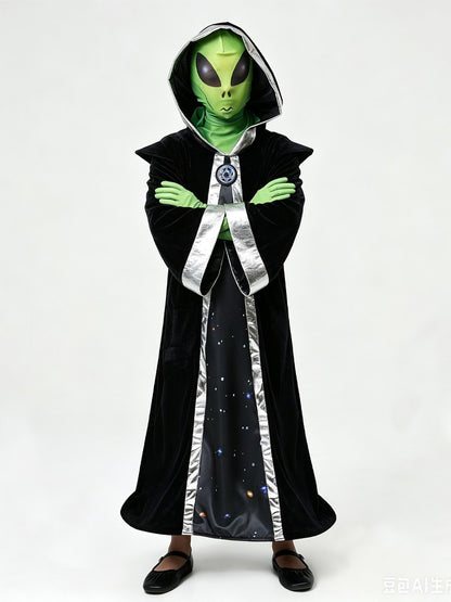 Adult Child Alien Wizard Cosplay Costume Starry Sky Hooded Cape Green Gloves Mesh Mask Perfect Halloween Parties Space Adventure