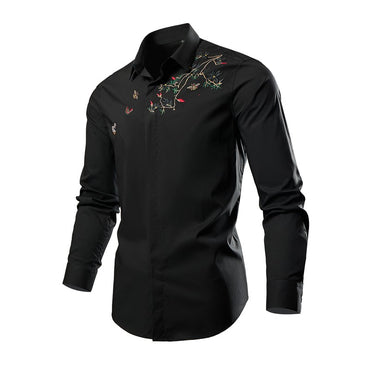 Black Mens Embroidered Long Sleeve Shirt, Black Single Breasted Lapel Casual Shirts, Asian Size M-6XL