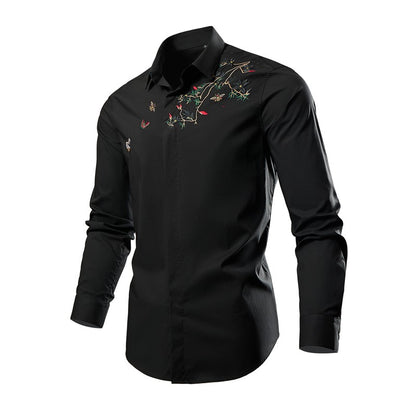 Black Mens Embroidered Long Sleeve Shirt, Black Single Breasted Lapel Casual Shirts, Asian Size M-6XL