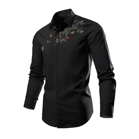 Black Mens Embroidered Long Sleeve Shirt, Black Single Breasted Lapel Casual Shirts, Asian Size M-6XL