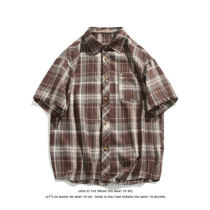 2025 Mens Cotton Plaid Style Cargo Shirts Casual Dress Short Sleeve Work Streetwear Blouses M-5XL
