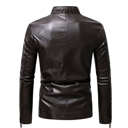 2024 Spring New Men's Business Casual Slim Long-sleeved Pu Leather Jacket Jacket Side Seam Pocket Zipper Solid Color