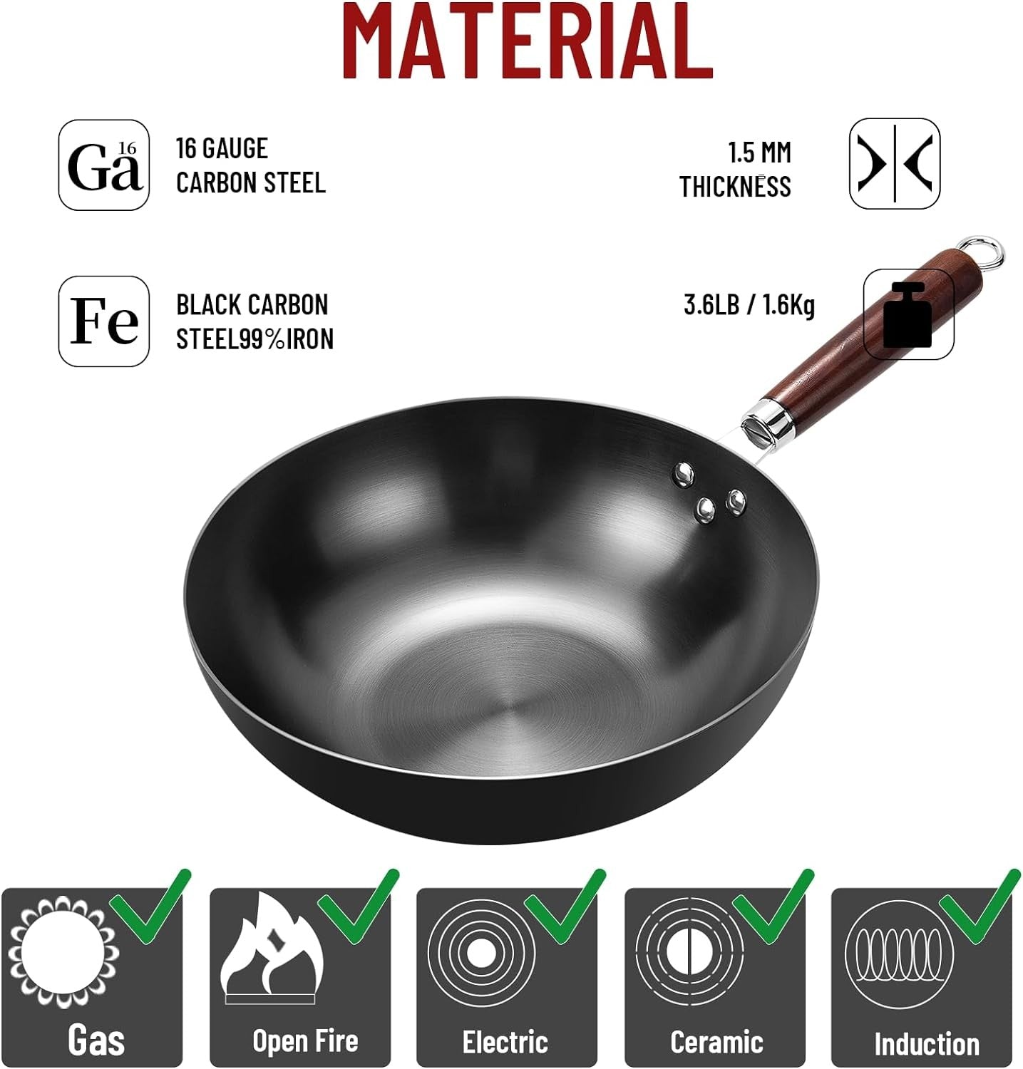 Flat Bottom Wok Pan 32cm Skillet Iron Stir Fry Pans Non-stick Cooking Pan for Electric Induction Cooktops Woks