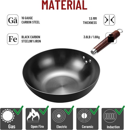 Flat Bottom Wok Pan 32cm Skillet Iron Stir Fry Pans Non-stick Cooking Pan for Electric Induction Cooktops Woks