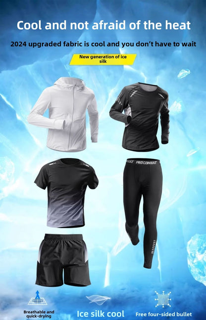 5pcs Men's Lightweight Summer Ice Silk Athletic Set Quick-Dry Running Clothes Outdoor Kit Cycling Fitness Men's Sportswear Set
