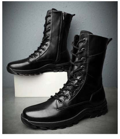 Botas de Couro Genuíno Masculinas de Cano Curto Botas Masculinas de Inverno de Couro com Pelo Quente para Exército Caça Sapatos Masculinos Botas Casuais Pretas