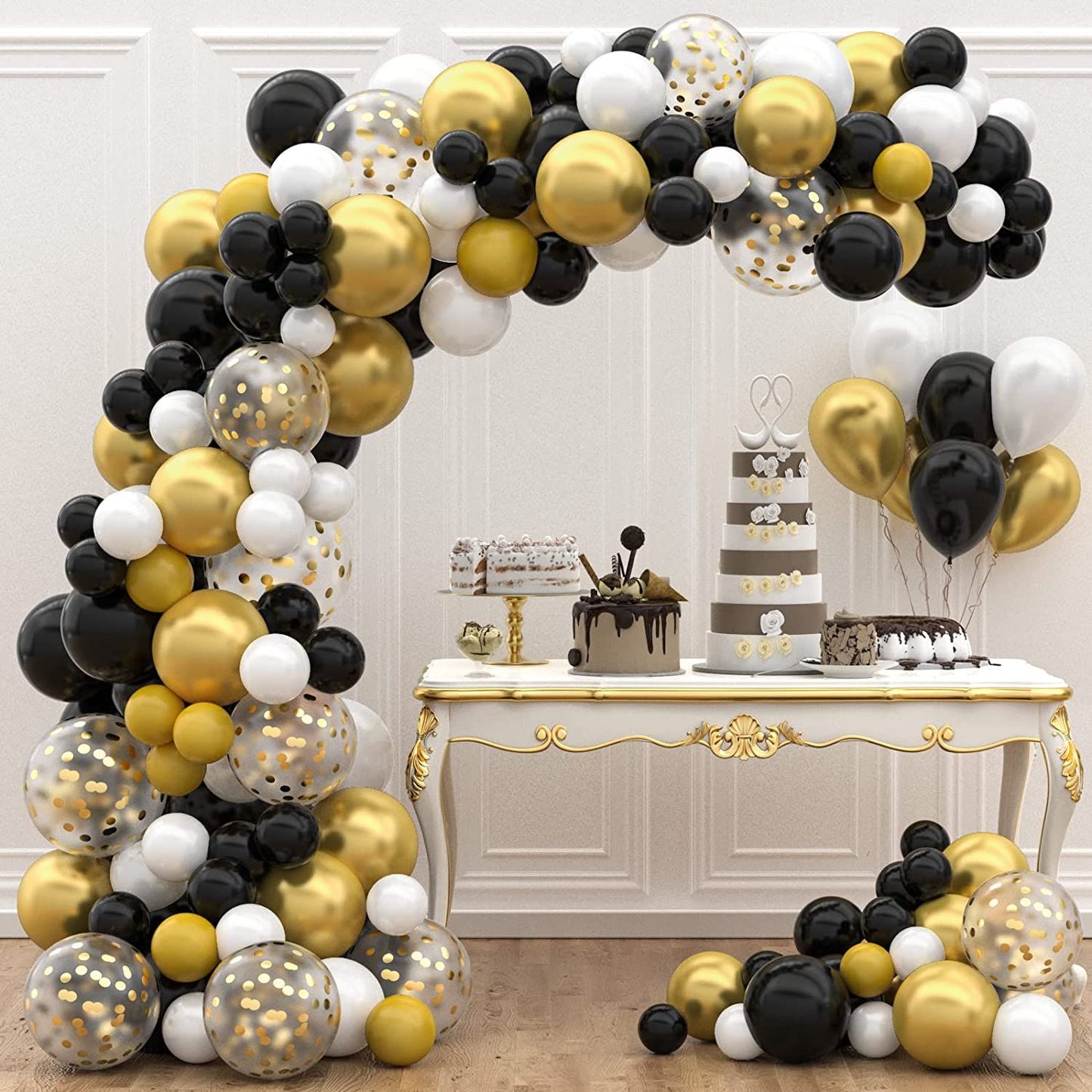 Black and Gold Balloons Garland Arch Kit with Starburst Foil Balloons for Wedding Birthday Family Party Decorations Supplies