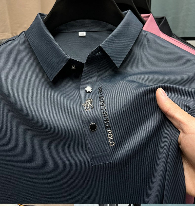 High End Brand New Summer Solid Color Silk Cotton High-quality Short Sleeved Polo Men's Fashionable Business Seamless Casual Top