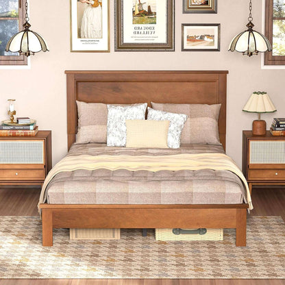 Cama de plataforma completa de madeira com cabeceira, Estrutura de cama de meados do século com pernas de madeira maciça e suporte de ripas de madeira, Pallet Be