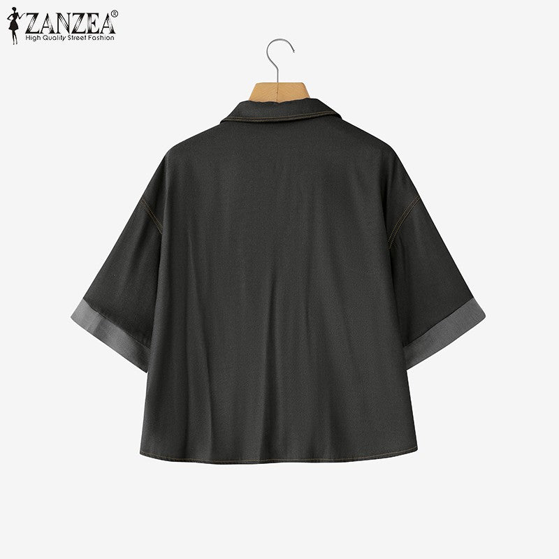 ZANZEA Denim Cardigan Shirts Women Elegant Office Blusas Casual Lapel Neck Outwears 2025 Half Sleeve Solid Color Fashion Tunic