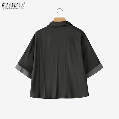 ZANZEA Denim Cardigan Shirts Women Elegant Office Blusas Casual Lapel Neck Outwears 2025 Half Sleeve Solid Color Fashion Tunic