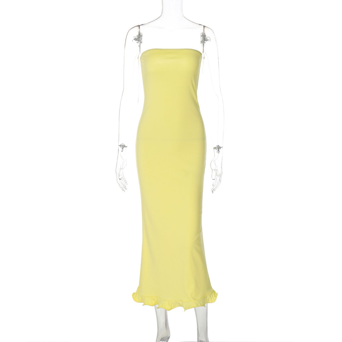 Dulzura Sleeveless Ruffles Patchwork Strapless Bodycon Midi Dress Women'S Solid