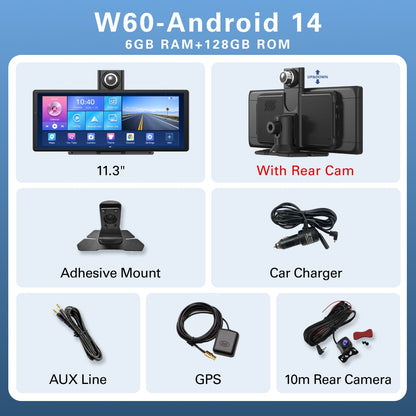 W60 11.3'' 8 Núcleos Android 14 6+128GB Player Multimídia Carplay&Android Auto WiFi 5G Google Play Youtube Netflix Atualização OTA