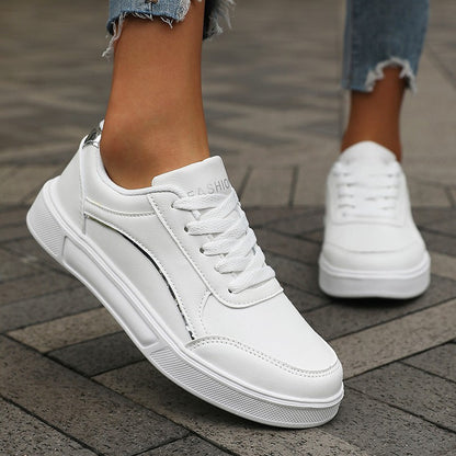 Women's Casual White Sneakers Chic Silver Trim Soft Lining Non Slip Shoes New Minimalist Design PU Leathe Skate Shoes for Women
