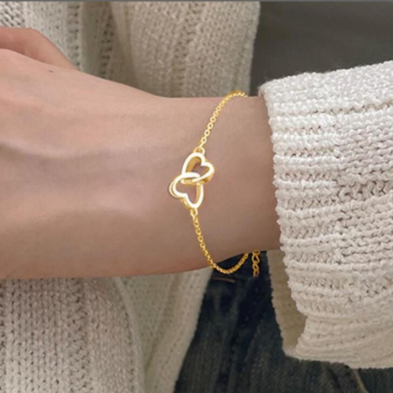 Pulseira Estilo Simples Vendas Coração a Coração Combinando Dupla Pequena Pulseira de Coração Oco Moda 2024 Novo Temperamento