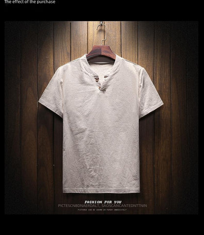 Men's Summer Loose-fit Short Sleeve Linen T-shirt Cotton Linen Body Solid Color Breathable V-neck Thin Top