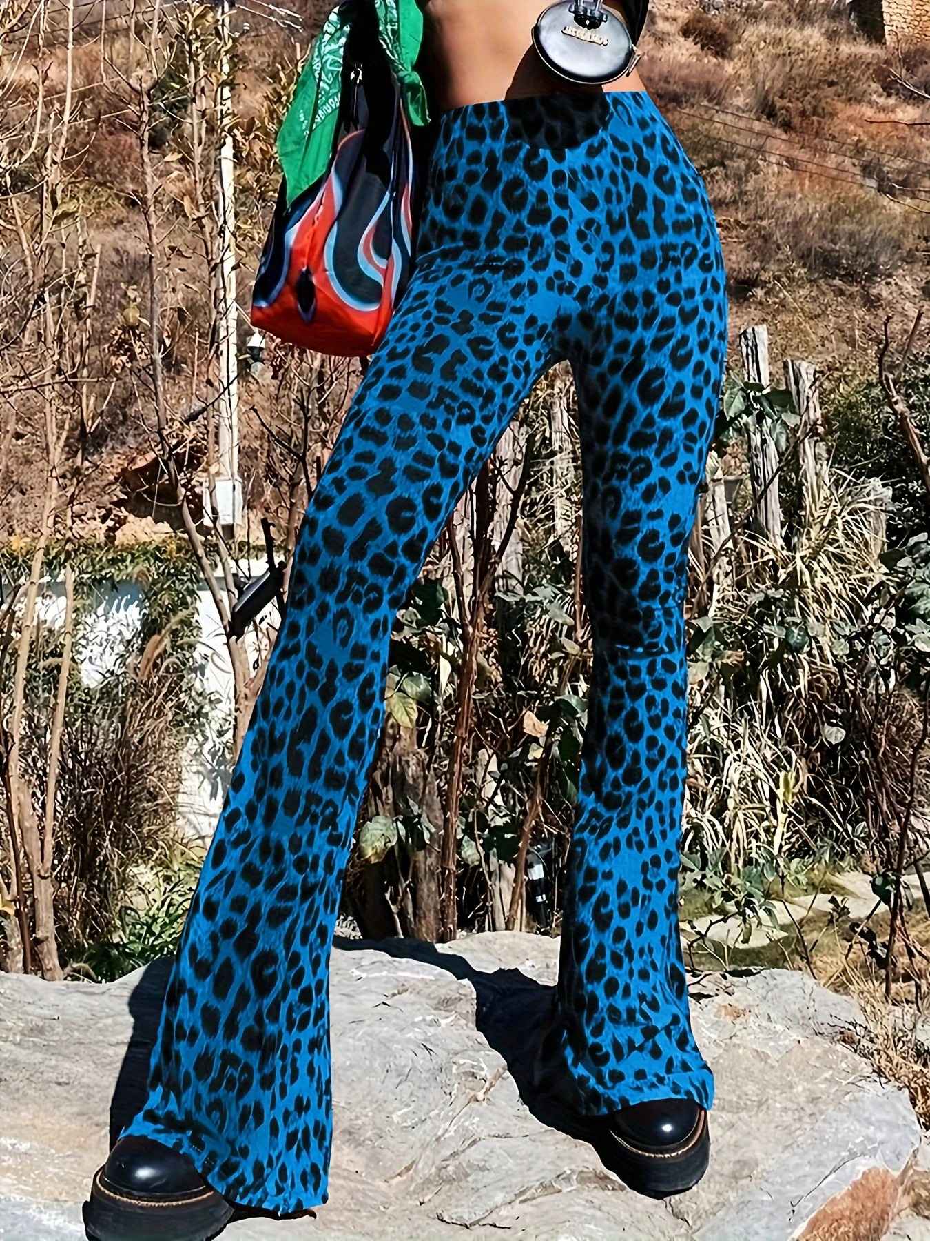 New High Waist Leopard Print Flare Pants Women's Stretchy Casual Streetwear Tummy Control Bootcut Trousers Elastic Waistband