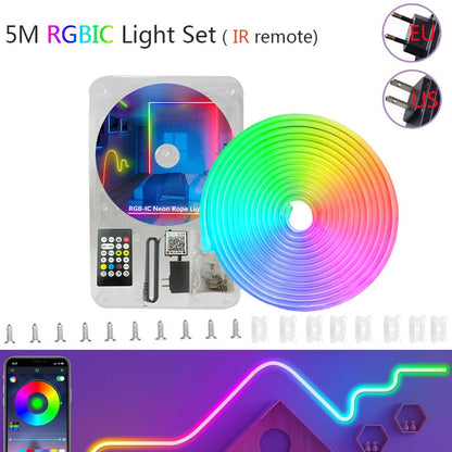 DC 24V 5-20M RGBIC Neon Rope Light, APP & Remote Control, Music Sync, Flexible Lamp Tape,Waterproof LED Strip for Indoor Outdoor