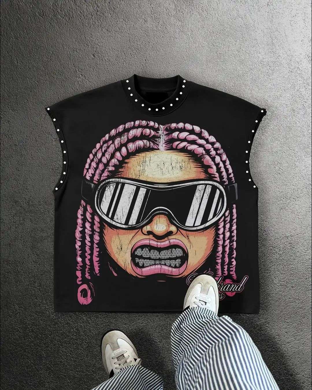 Streetwear Y2K Fashion Fashion Retro Sleeveless Oversized T Shirt Gothic Classic Top Hip Hop Print Extra Large Round Neck Vest