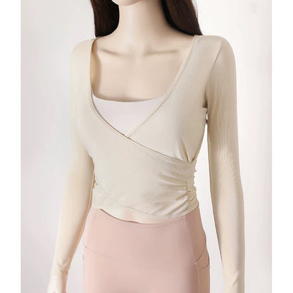 Quick Drying Yoga Sports Top V-Neck Cross Waist Mesh Breathable Fitness Long Sleeve Cover up for Women