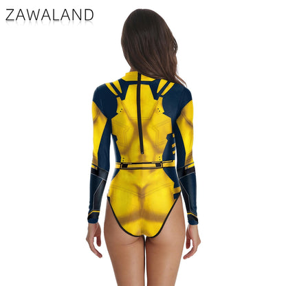 Zawaland Adult Superhero Deadpool Wolverine Print Long Sleeve Party Jumpsuit Cosplay Costume Halloween Party Zentai Bodysuit