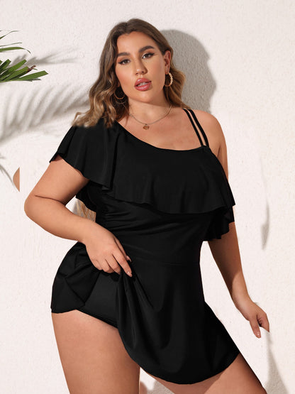 VigoJany 2025 Black Tankini Swimwear Women Plus Size Two Pieces Swimsuit Ladies Big One Shoulder Ruffle Tankini Bathing Suit