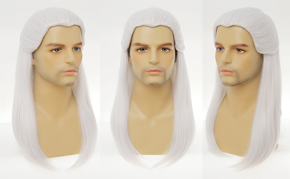 Geralt of Rivia Cosplay Wig White Slivery Straight Synthetic Hair Wigs for Men Party Novel Game Costume Halloween