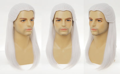 Geralt of Rivia Cosplay Wig White Slivery Straight Synthetic Hair Wigs for Men Party Novel Game Costume Halloween