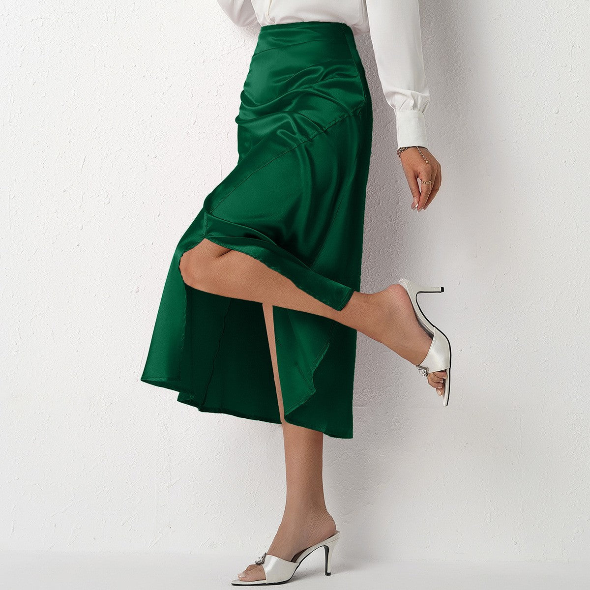 Nighpha Women's Elegant Satin Skirts High Waisted Flared Casual Work Office Fishtail Midi Skirt