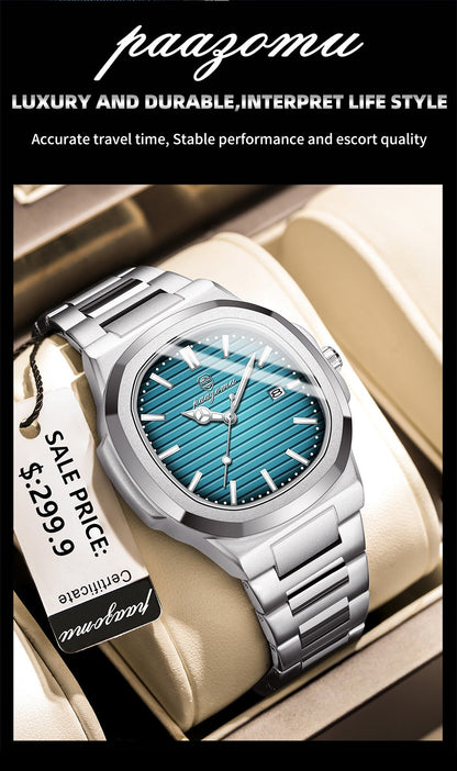 PAAZOMU Luxury Watch Business 50 ATM Waterproof Male Clock Luminous Date Stainless Steel Square Quartz Men Watches reloj hombre