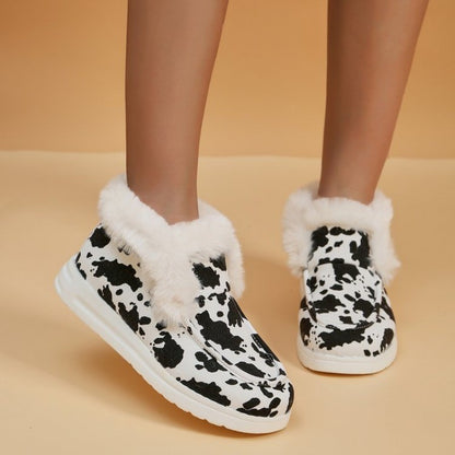 2025 Autumn Winter Women Fluffy Fur Snow Boots Women Leopard Print Flat Flat Heels Thicken Plush Cotton Padded Shoes Woman Warm
