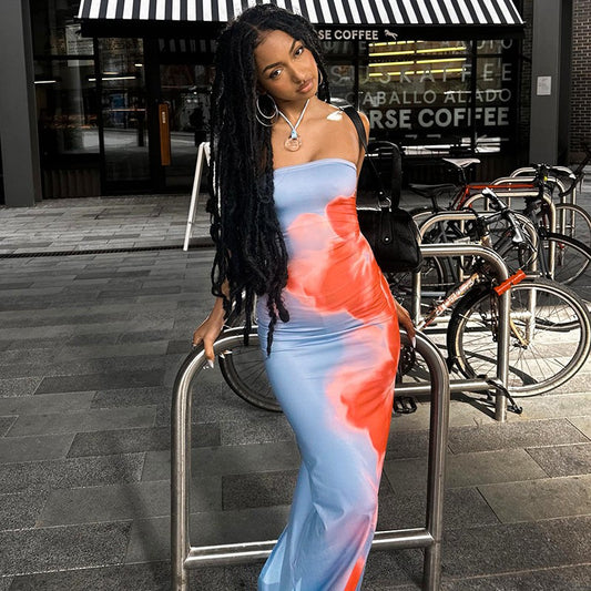 Sexy Strapless Print Tube Maxi Dress Women Off Shoulder Backless Stretch Long Su
