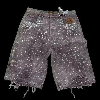 Retro Gothic Y2k Sweatpants Oversized Iron Diamond Pattern Denim Shorts for Men Hip Hop Punk Low Waist Gym Shorts Streetwear