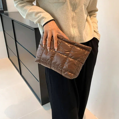 Cotton Filled Puffer Pouch Large Capacity PU Leather Puffer Padded Makeup Bag Sewn Korean Style Thick Plaid Clutch Bag Work