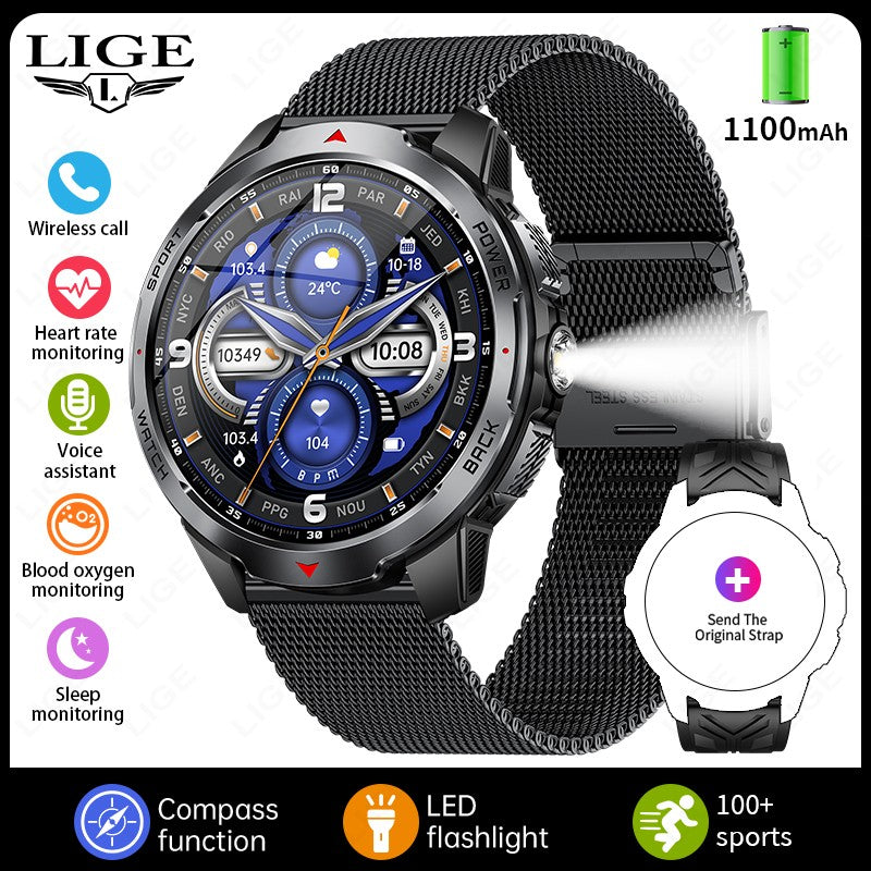 LIGE Novo Smartwatch Masculino com Bateria de 1100mAh para Esportes ao Ar Livre, Lanterna LED, Bússola, Chamada Bluetooth