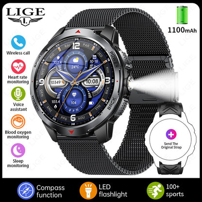 LIGE Novo Smartwatch Masculino com Bateria de 1100mAh para Esportes ao Ar Livre, Lanterna LED, Bússola, Chamada Bluetooth
