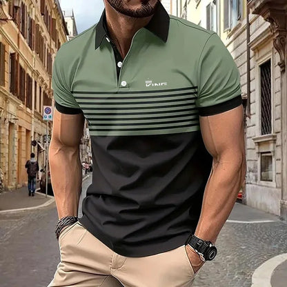 Summer Men's Stripe Print Polo Shirt Short Sleeve Turn-Down Collar Button Tshirts &for Men Casual Streetwear New Male Tops