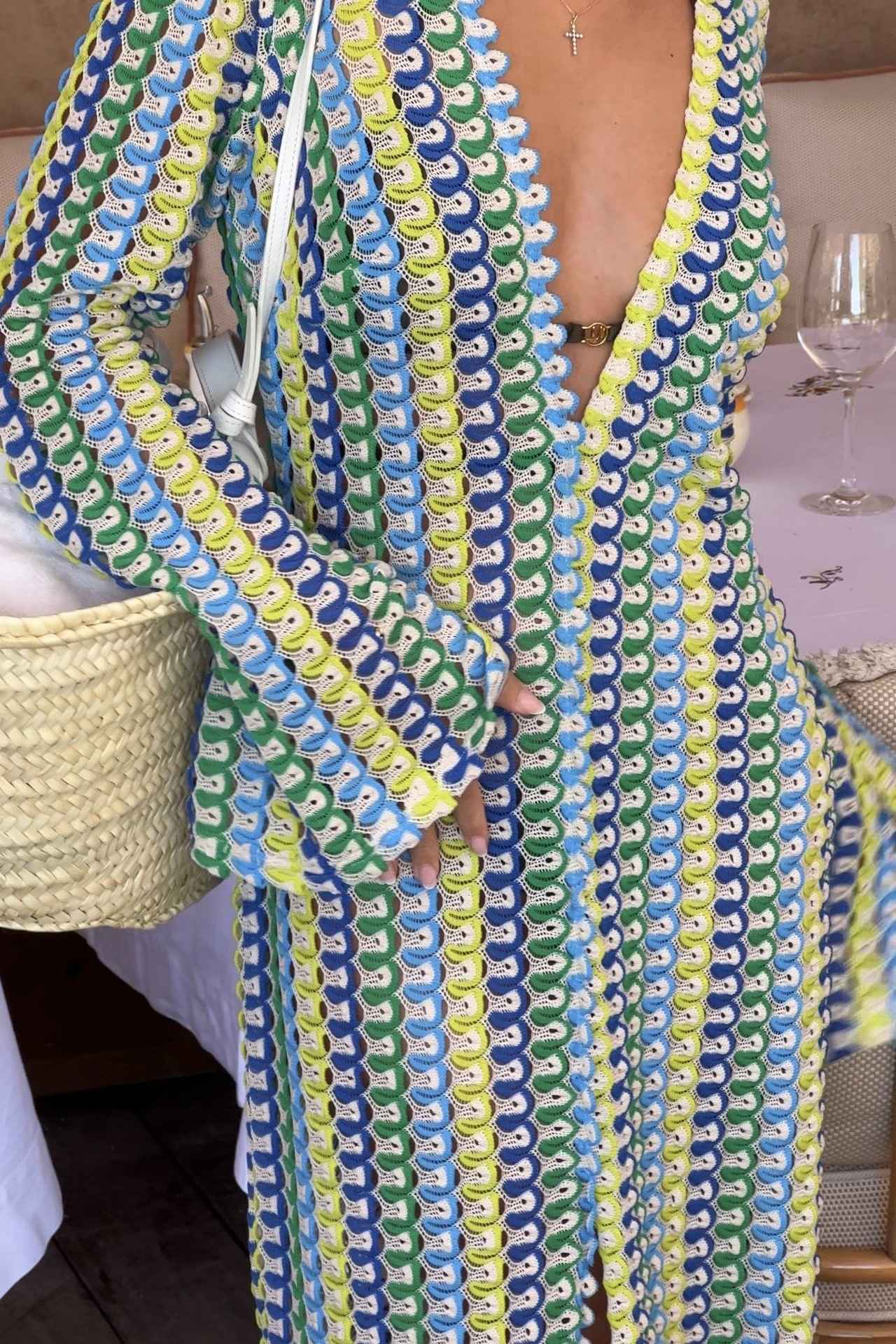 Crochet Colorful Stripe Maxi Dress Women Flare Sleeve V-neck High Split Sexy Lon