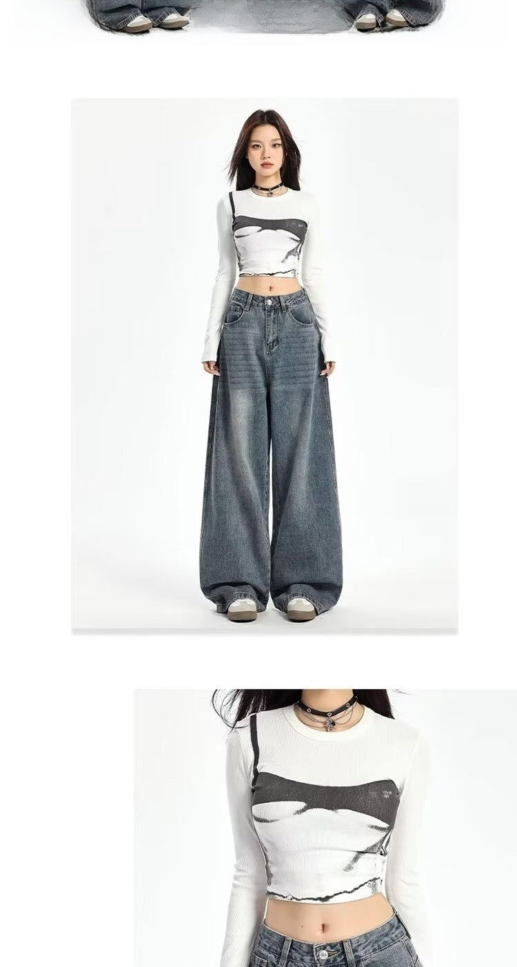 Retro High Waist Wide Leg Jeans Women Summer New plus Size Loose Slimming Pear ape Straight Leg Pants Casual Waed Blue