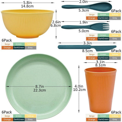 Wheat Straw Dinnerware Sets with Plates, Cups, Knives, Forks and Spoons Reusable Plates Dishwasher and Microwave