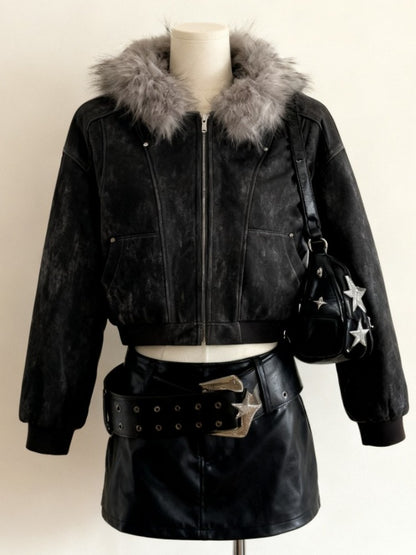 Faux Fur Amercan Vintage Hooded Coats with Hooded Women Zipper Sweatshirts Casual Streetwear Grunge Jacket Y2k Stand Neck