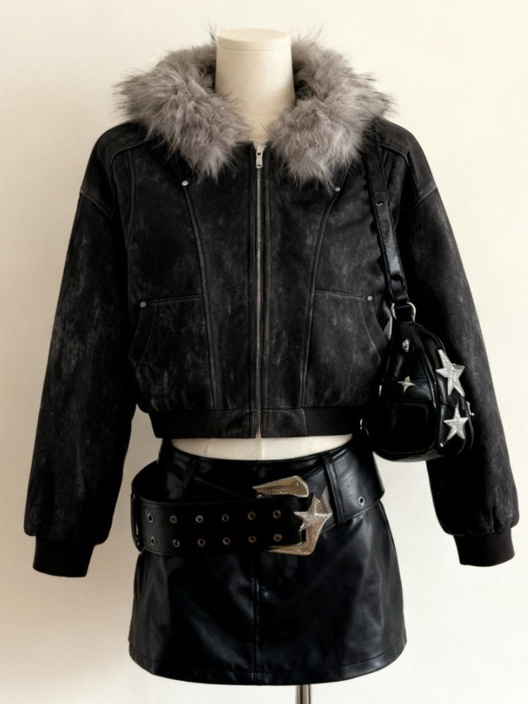 Faux Fur Amercan Vintage Hooded Coats with Hooded Women Zipper Sweatshirts Casual Streetwear Grunge Jacket Y2k Stand Neck