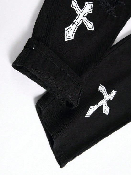 High street black youth cross print elastic hole patch tight jeans for men