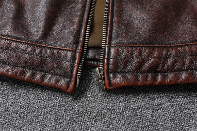 Fashionable Men's Motor Jacket Genuine Cow Leather Coat Male Outerwear Windbreaker Spring Autumn Cloth with Epaulet Brown